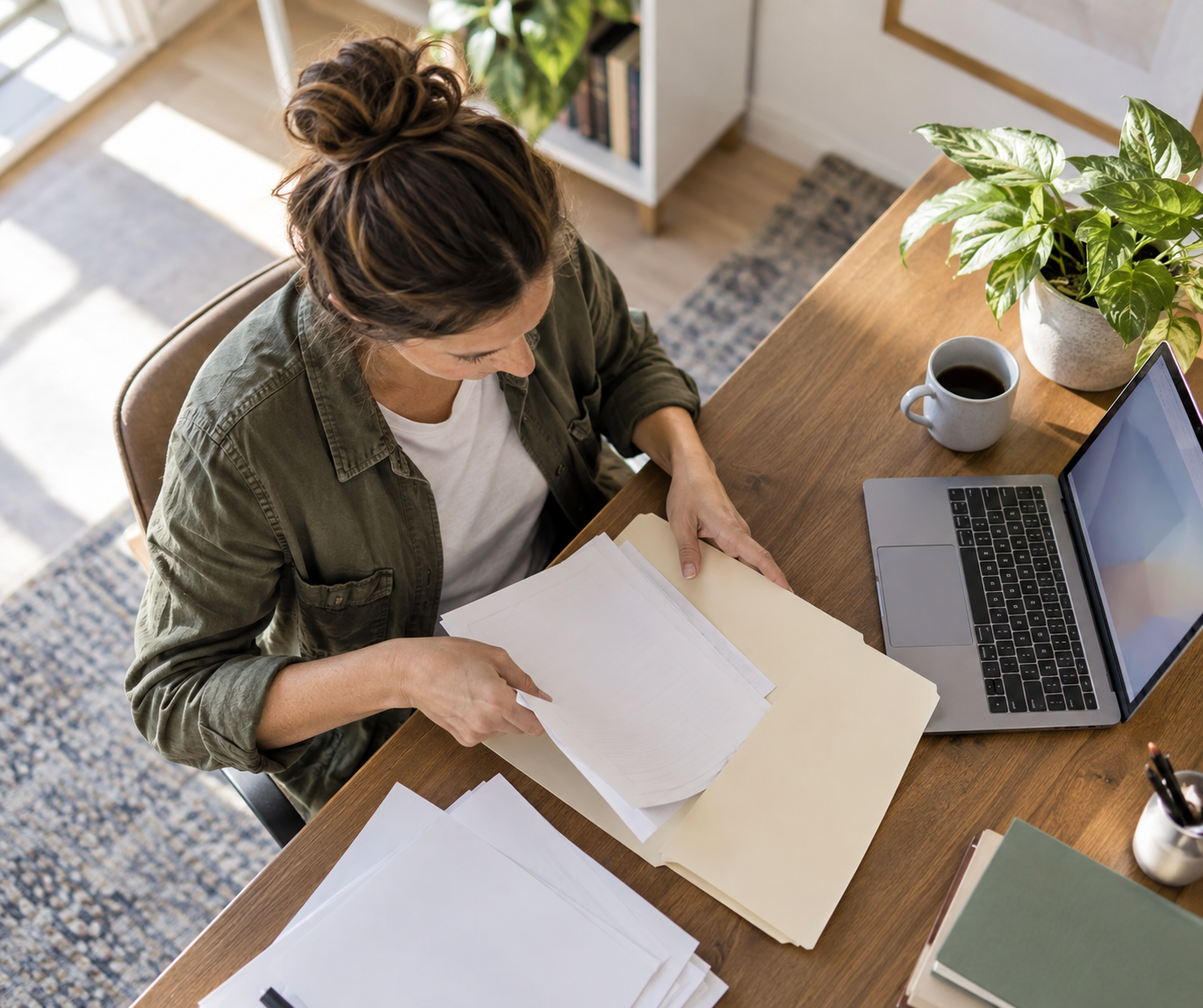A parent filing paperwork and writing a follow-up email at home