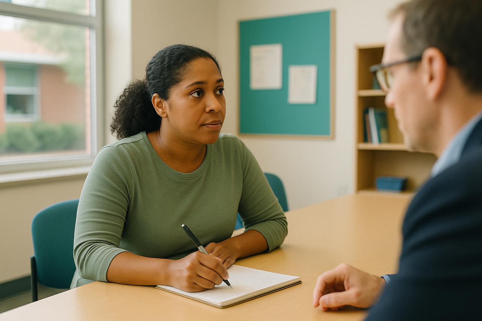 Parent taking notes at an IEP meeting table while listening