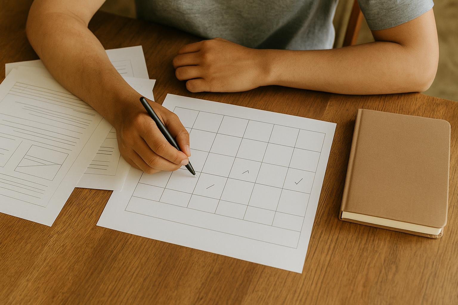 Parent's hands marking days on a paper calendar next to school papers