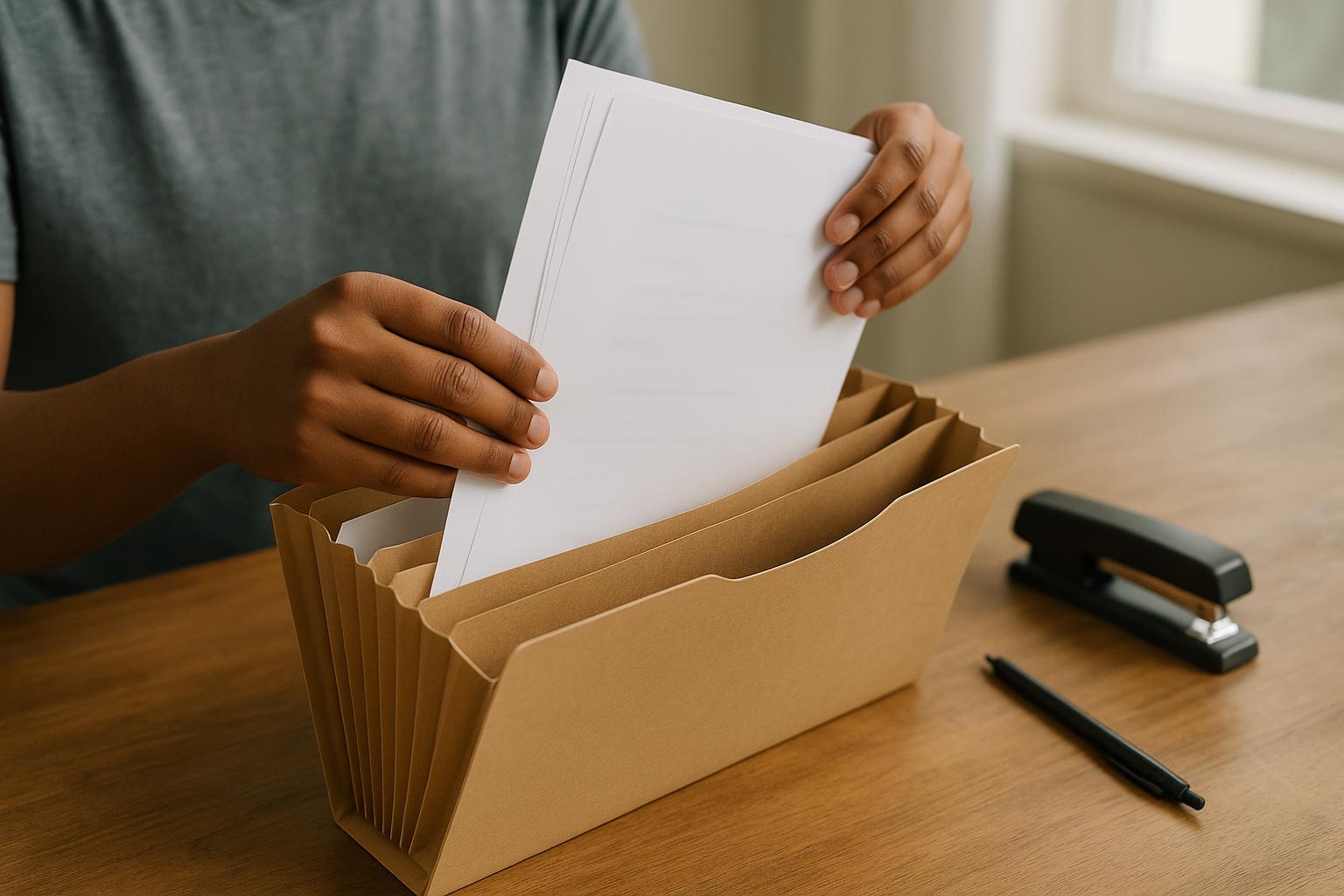 Hands filing school papers into an accordion folder
