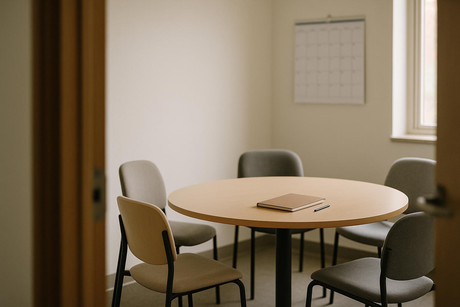 Empty school conference room with a table set up for a meeting